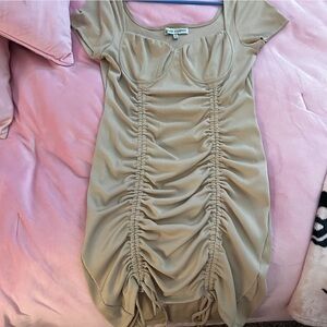 Tan mini bodycon summer dress with ruched detailing